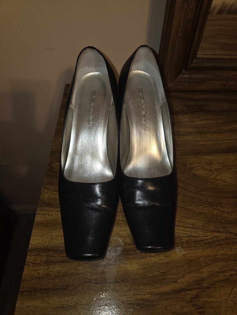 Bellini Black Leather Square-Toe Heels